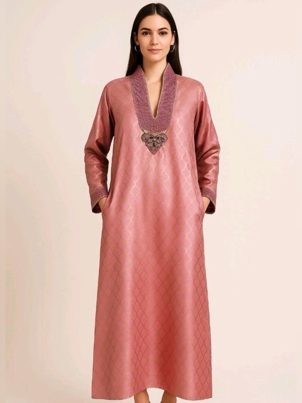 Moroccan Kaftan Maxi Dress Pink Gold Embroidered Boho Modest Women’s Size M/10